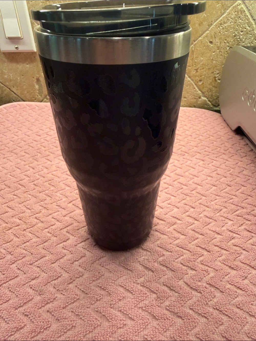 Black Leopard Print Travel Tumbler with Stainless Accent